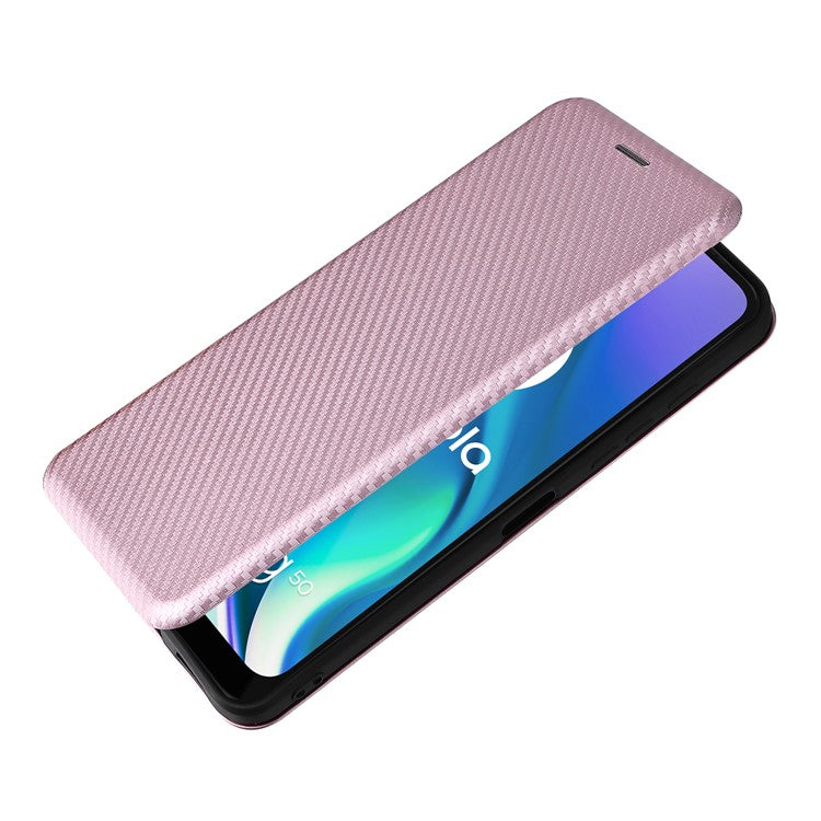 Auto-absorbed Carbon Fiber Texture Leather Stand Phone Shell Case for Motorola Moto G50 5G - Rose Gold