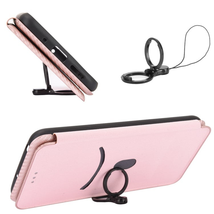 Auto-absorbed Carbon Fiber Texture Leather Stand Phone Shell Case for Motorola Moto G50 5G - Rose Gold
