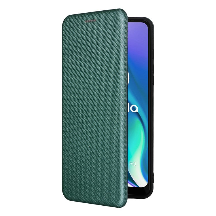 Auto-absorbed Carbon Fiber Texture Leather Stand Phone Shell Case for Motorola Moto G50 5G - Green