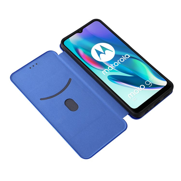 Auto-absorbed Carbon Fiber Texture Leather Stand Phone Shell Case for Motorola Moto G50 5G - Blue