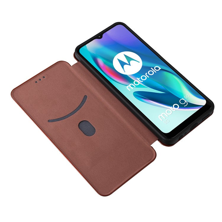 Auto-absorbed Carbon Fiber Texture Leather Stand Phone Shell Case for Motorola Moto G50 5G - Orange