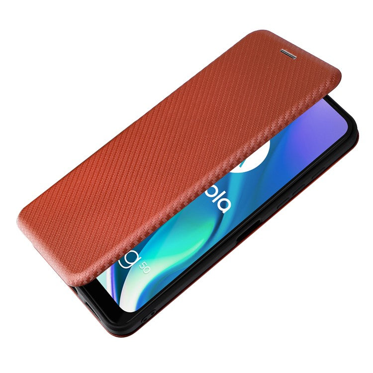 Auto-absorbed Carbon Fiber Texture Leather Stand Phone Shell Case for Motorola Moto G50 5G - Orange