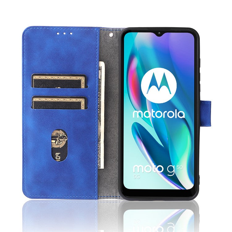 Skin-Touch Feeling PU Leather Wallet Phone Case Flip Stand Cover for Motorola Moto G50 5G - Blue