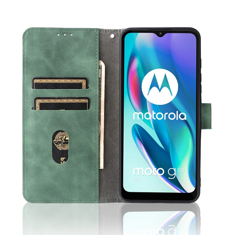 Skin-Touch Feeling PU Leather Wallet Phone Case Flip Stand Cover for Motorola Moto G50 5G - Green