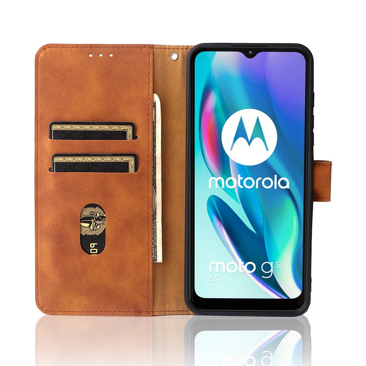 Skin-Touch Feeling PU Leather Wallet Phone Case Flip Stand Cover for Motorola Moto G50 5G - Brown