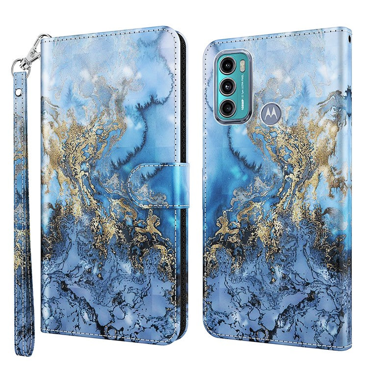 Shock Absorbing 3D Pattern Printing Leather Stand Case Wallet Cover with Strap for Motorola Moto G60 - Galaxy