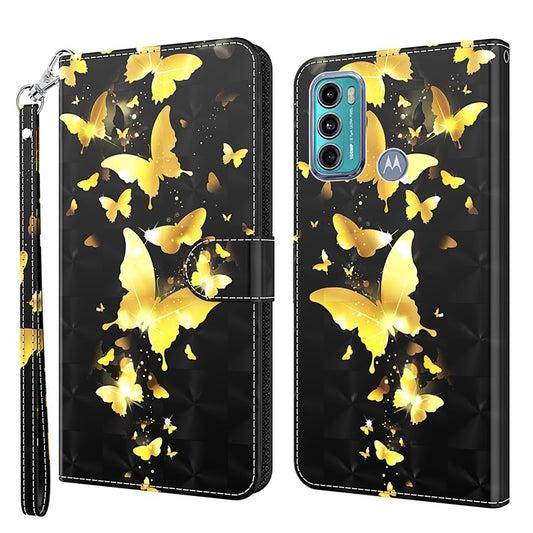 Shock Absorbing 3D Pattern Printing Leather Stand Case Wallet Cover with Strap for Motorola Moto G60 - Golden Butterflies
