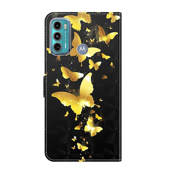 Shock Absorbing 3D Pattern Printing Leather Stand Case Wallet Cover with Strap for Motorola Moto G60 - Golden Butterflies