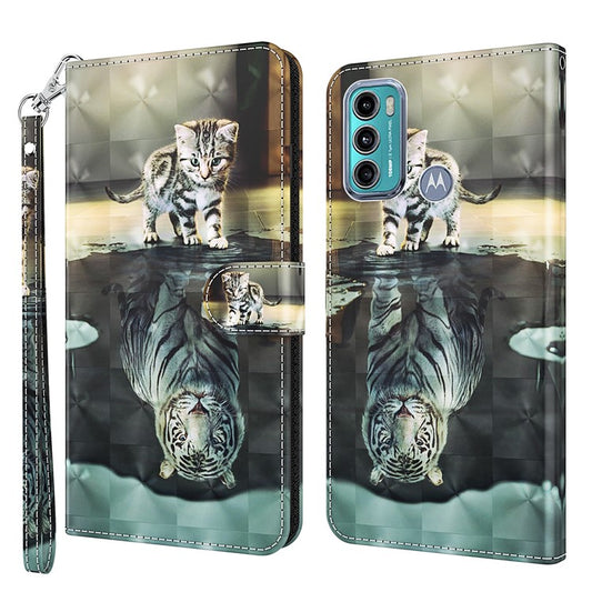 Shock Absorbing 3D Pattern Printing Leather Stand Case Wallet Cover with Strap for Motorola Moto G60 - Cat and Tiger