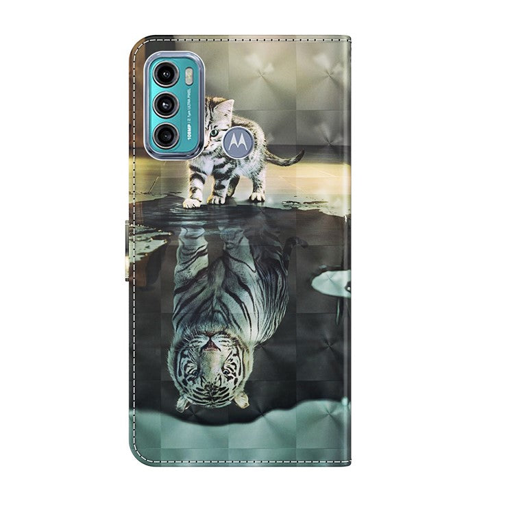 Shock Absorbing 3D Pattern Printing Leather Stand Case Wallet Cover with Strap for Motorola Moto G60 - Cat and Tiger