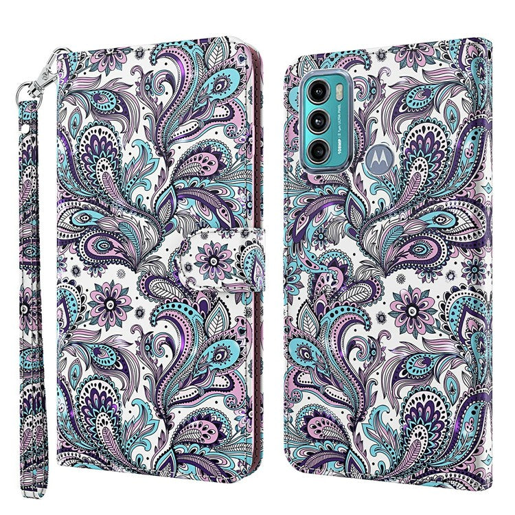 Shock Absorbing 3D Pattern Printing Leather Stand Case Wallet Cover with Strap for Motorola Moto G60 - Purple Impatiens