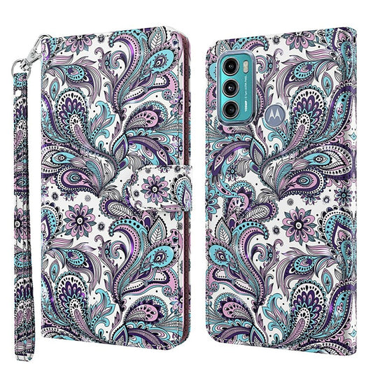 Shock Absorbing 3D Pattern Printing Leather Stand Case Wallet Cover with Strap for Motorola Moto G60 - Purple Impatiens