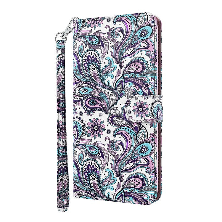 Shock Absorbing 3D Pattern Printing Leather Stand Case Wallet Cover with Strap for Motorola Moto G60 - Purple Impatiens