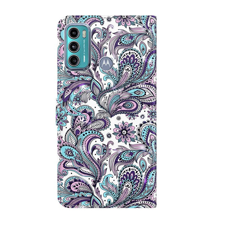 Shock Absorbing 3D Pattern Printing Leather Stand Case Wallet Cover with Strap for Motorola Moto G60 - Purple Impatiens