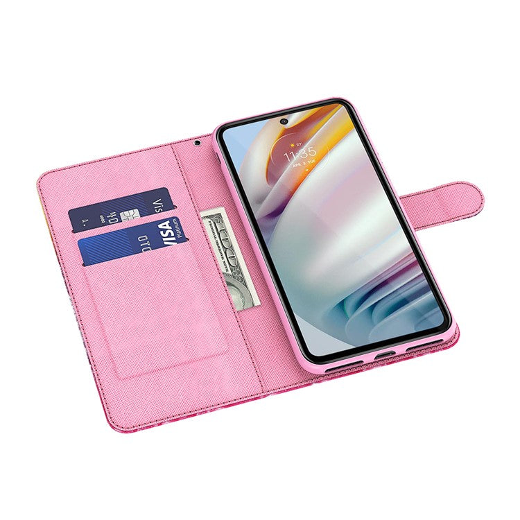 Shock Absorbing 3D Pattern Printing Leather Stand Case Wallet Cover with Strap for Motorola Moto G60 - Purple Impatiens