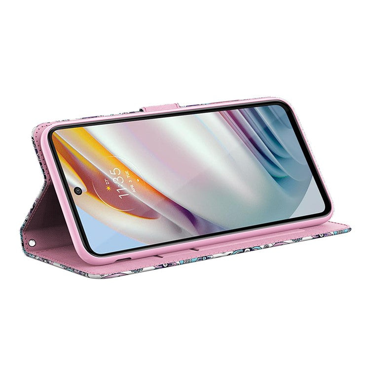 Shock Absorbing 3D Pattern Printing Leather Stand Case Wallet Cover with Strap for Motorola Moto G60 - Purple Impatiens