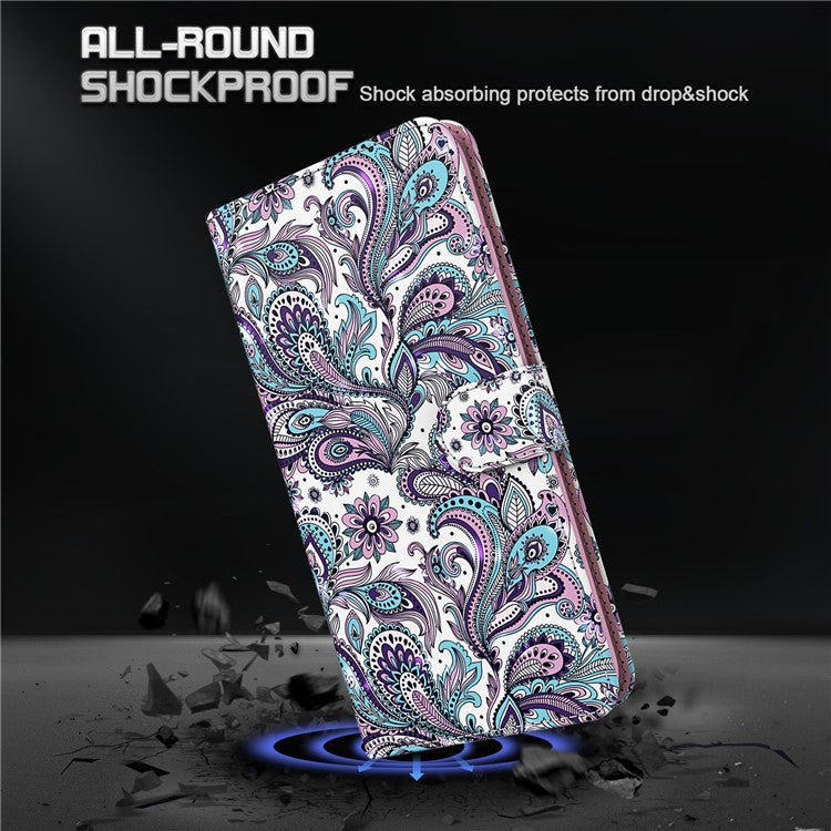 Shock Absorbing 3D Pattern Printing Leather Stand Case Wallet Cover with Strap for Motorola Moto G60 - Purple Impatiens