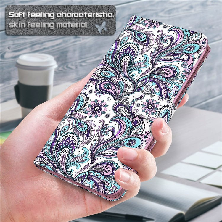 Shock Absorbing 3D Pattern Printing Leather Stand Case Wallet Cover with Strap for Motorola Moto G60 - Purple Impatiens