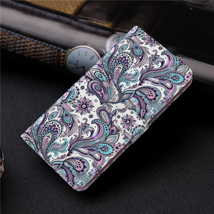Shock Absorbing 3D Pattern Printing Leather Stand Case Wallet Cover with Strap for Motorola Moto G60 - Purple Impatiens