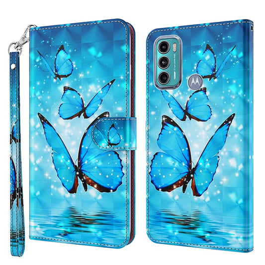 Shock Absorbing 3D Pattern Printing Leather Stand Case Wallet Cover with Strap for Motorola Moto G60 - Three Butterflies