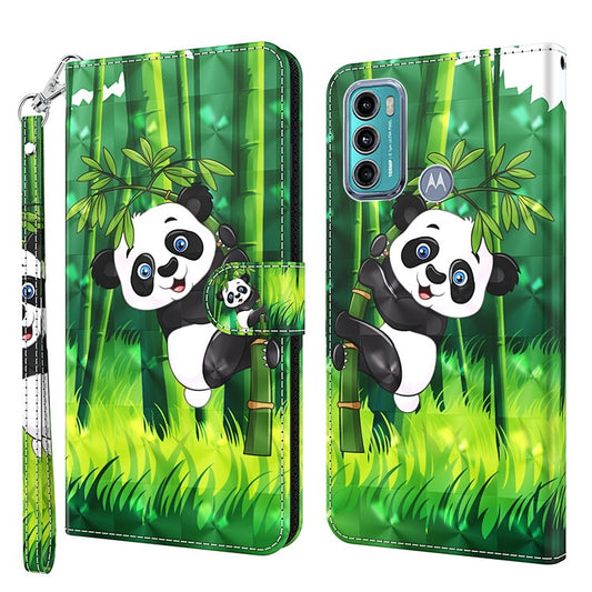 Shock Absorbing 3D Pattern Printing Leather Stand Case Wallet Cover with Strap for Motorola Moto G60 - Panda Climbing Bamboo