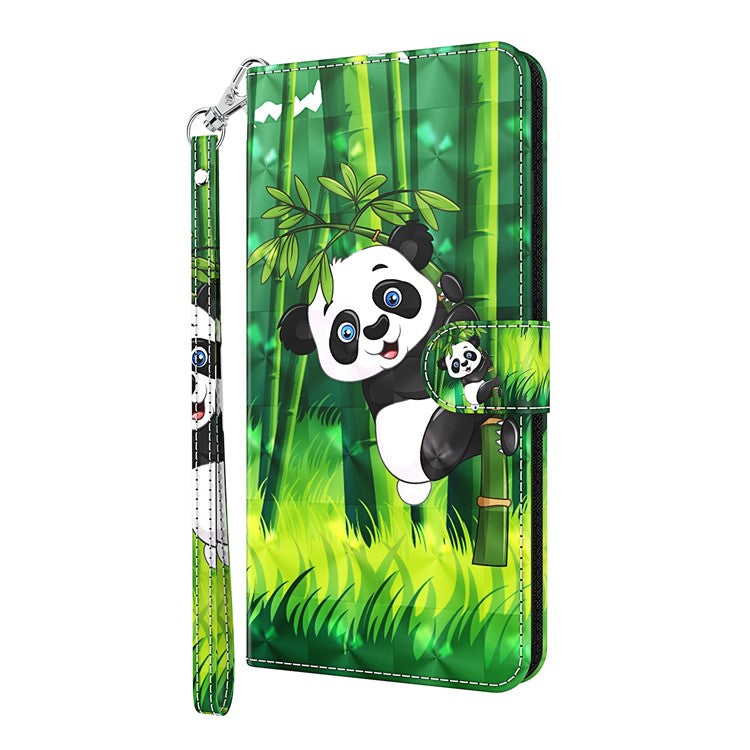 Shock Absorbing 3D Pattern Printing Leather Stand Case Wallet Cover with Strap for Motorola Moto G60 - Panda Climbing Bamboo