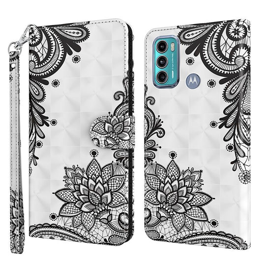 Shock Absorbing 3D Pattern Printing Leather Stand Case Wallet Cover with Strap for Motorola Moto G60 - Lace Flower