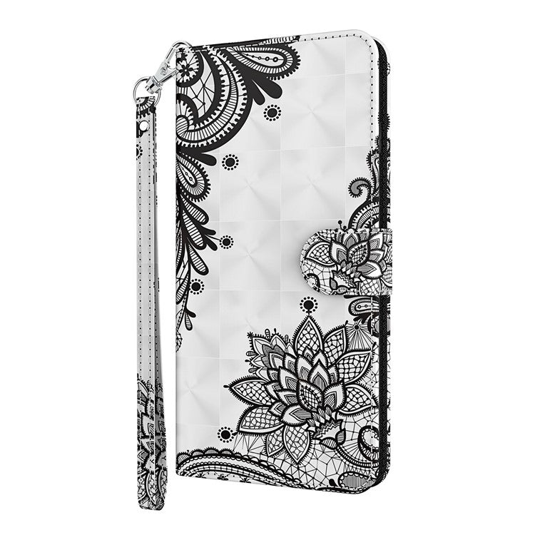 Shock Absorbing 3D Pattern Printing Leather Stand Case Wallet Cover with Strap for Motorola Moto G60 - Lace Flower