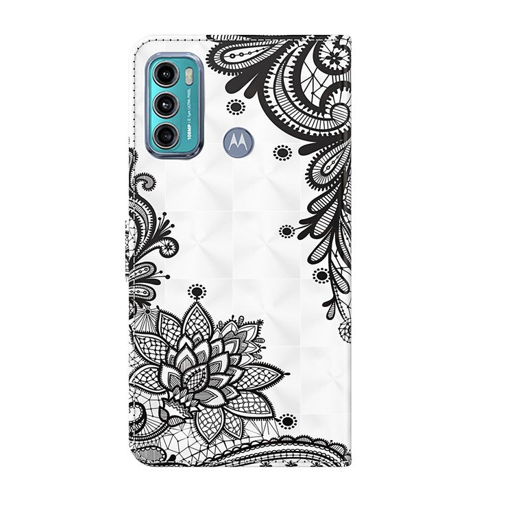 Shock Absorbing 3D Pattern Printing Leather Stand Case Wallet Cover with Strap for Motorola Moto G60 - Lace Flower