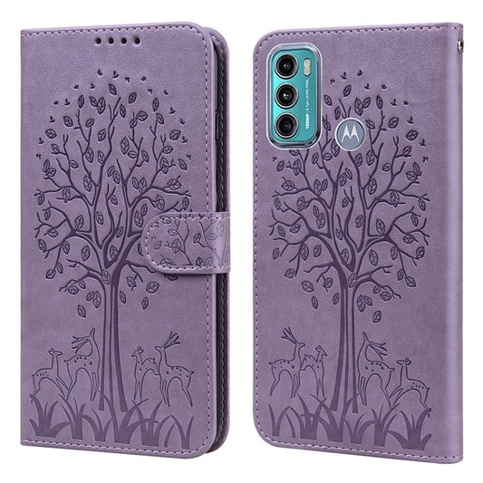 Well-protected Anti-drop Tree and Deer Imprinted Double-sided Magnetic Clasp Leather Wallet Stand Phone Shell Case for Motorola Moto G60 - Purple