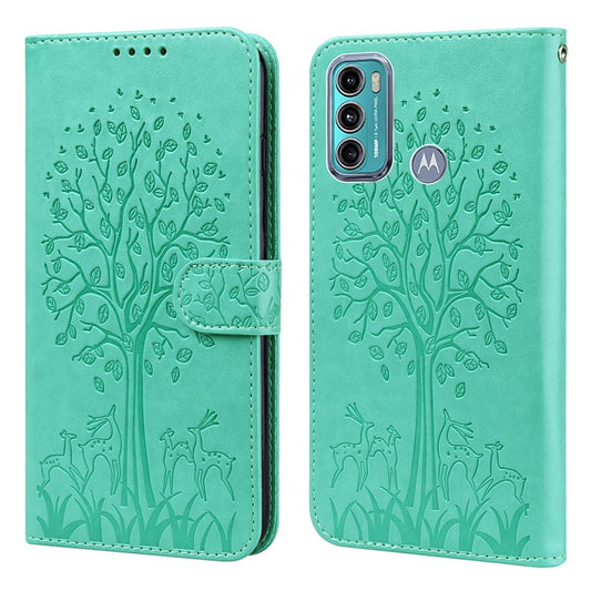 Well-protected Anti-drop Tree and Deer Imprinted Double-sided Magnetic Clasp Leather Wallet Stand Phone Shell Case for Motorola Moto G60 - Green
