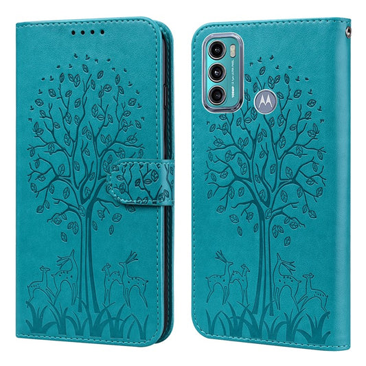 Well-protected Anti-drop Tree and Deer Imprinted Double-sided Magnetic Clasp Leather Wallet Stand Phone Shell Case for Motorola Moto G60 - Blue