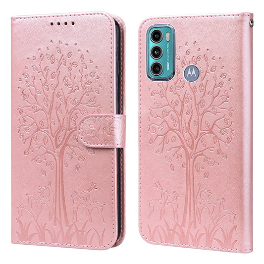 Well-protected Anti-drop Tree and Deer Imprinted Double-sided Magnetic Clasp Leather Wallet Stand Phone Shell Case for Motorola Moto G60 - Pink