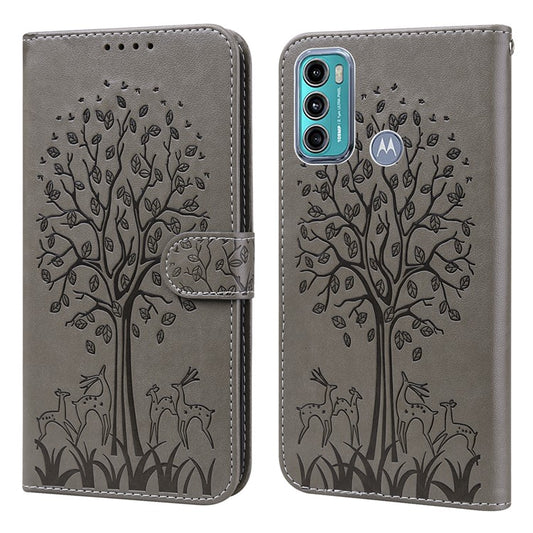 Well-protected Anti-drop Tree and Deer Imprinted Double-sided Magnetic Clasp Leather Wallet Stand Phone Shell Case for Motorola Moto G60 - Grey