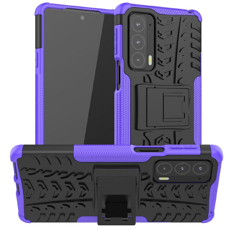 Tire Texture Shock-Absorption Hard PC + TPU Protective Back Cover with Kickstand for Motorola Edge 20 - Purple