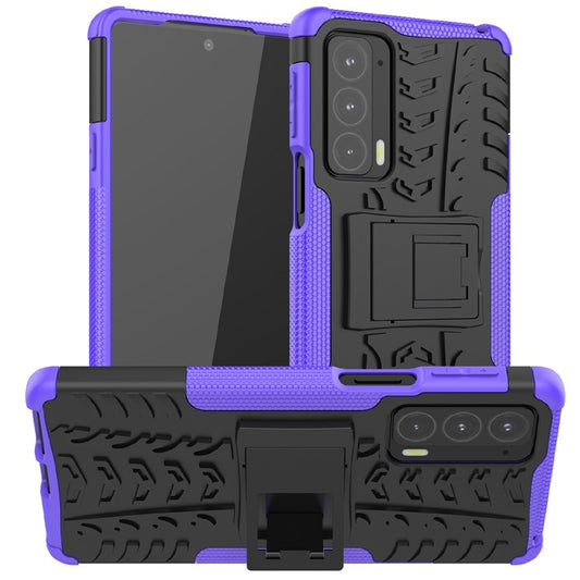 Tire Texture Shock-Absorption Hard PC + TPU Protective Back Cover with Kickstand for Motorola Edge 20 - Purple