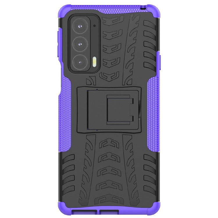 Tire Texture Shock-Absorption Hard PC + TPU Protective Back Cover with Kickstand for Motorola Edge 20 - Purple