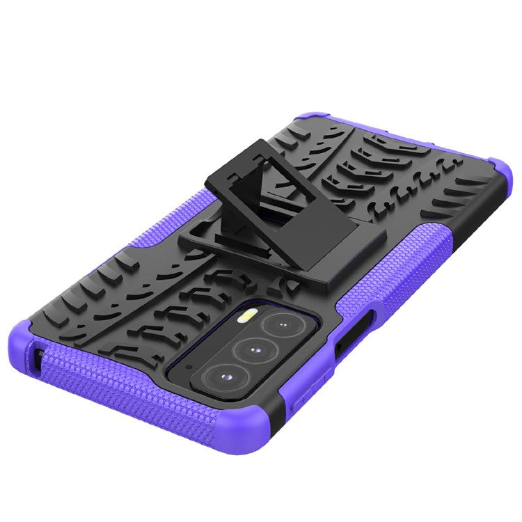 Tire Texture Shock-Absorption Hard PC + TPU Protective Back Cover with Kickstand for Motorola Edge 20 - Purple