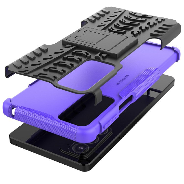 Tire Texture Shock-Absorption Hard PC + TPU Protective Back Cover with Kickstand for Motorola Edge 20 - Purple