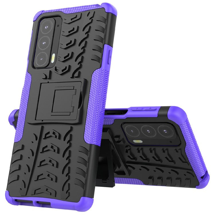 Tire Texture Shock-Absorption Hard PC + TPU Protective Back Cover with Kickstand for Motorola Edge 20 - Purple