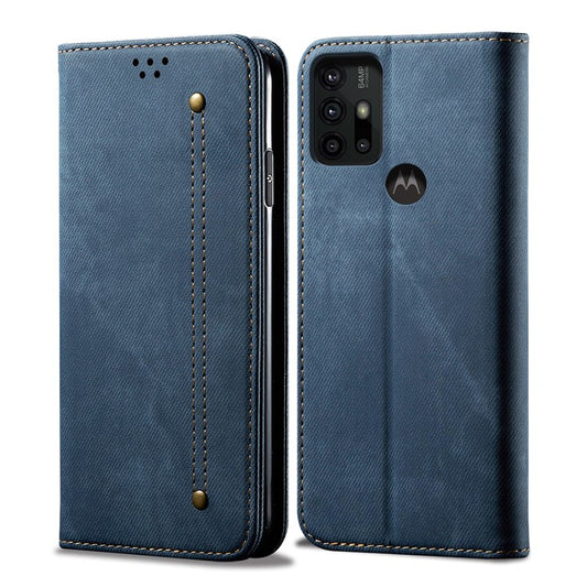 Anti-Drop Shockproof Flip Phone Cover Jeans Cloth Texture Wallet Stand Leather Case for Motorola Moto G30 - Blue