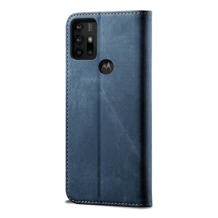 Anti-Drop Shockproof Flip Phone Cover Jeans Cloth Texture Wallet Stand Leather Case for Motorola Moto G30 - Blue