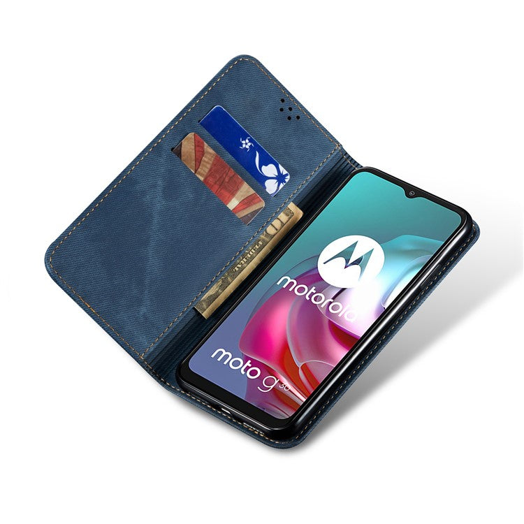 Anti-Drop Shockproof Flip Phone Cover Jeans Cloth Texture Wallet Stand Leather Case for Motorola Moto G30 - Blue