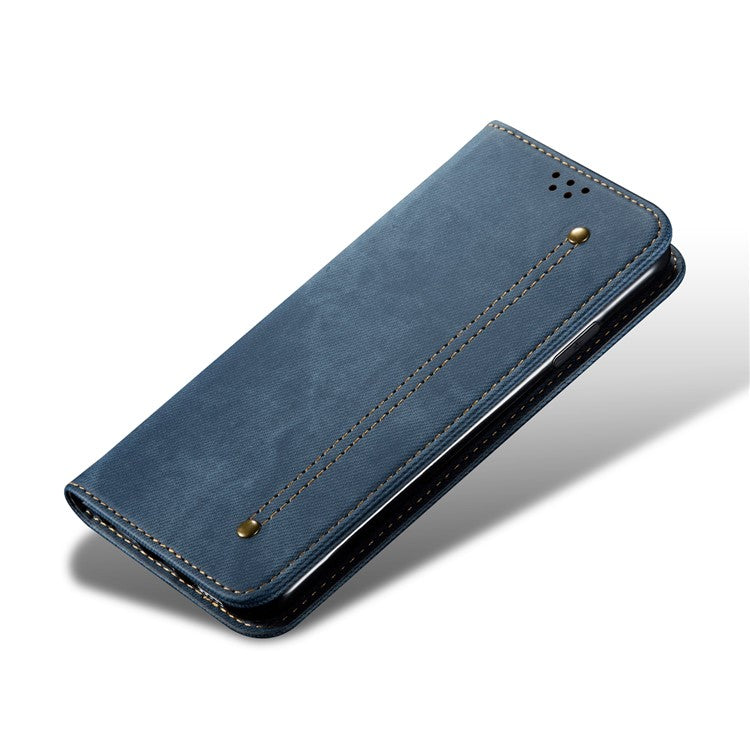 Anti-Drop Shockproof Flip Phone Cover Jeans Cloth Texture Wallet Stand Leather Case for Motorola Moto G30 - Blue