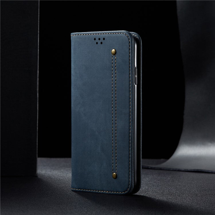 Anti-Drop Shockproof Flip Phone Cover Jeans Cloth Texture Wallet Stand Leather Case for Motorola Moto G30 - Blue
