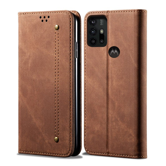 Anti-Drop Shockproof Flip Phone Cover Jeans Cloth Texture Wallet Stand Leather Case for Motorola Moto G30 - Coffee