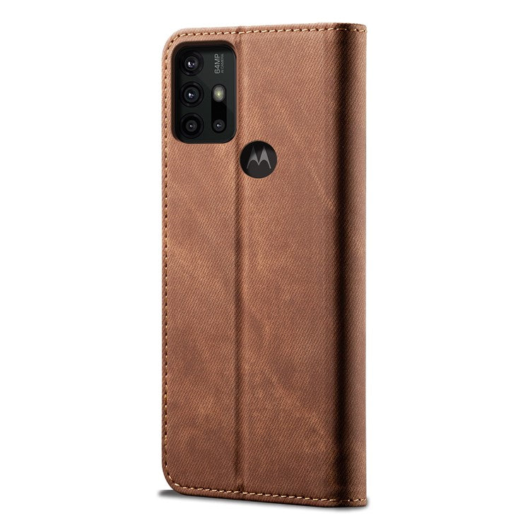 Anti-Drop Shockproof Flip Phone Cover Jeans Cloth Texture Wallet Stand Leather Case for Motorola Moto G30 - Coffee