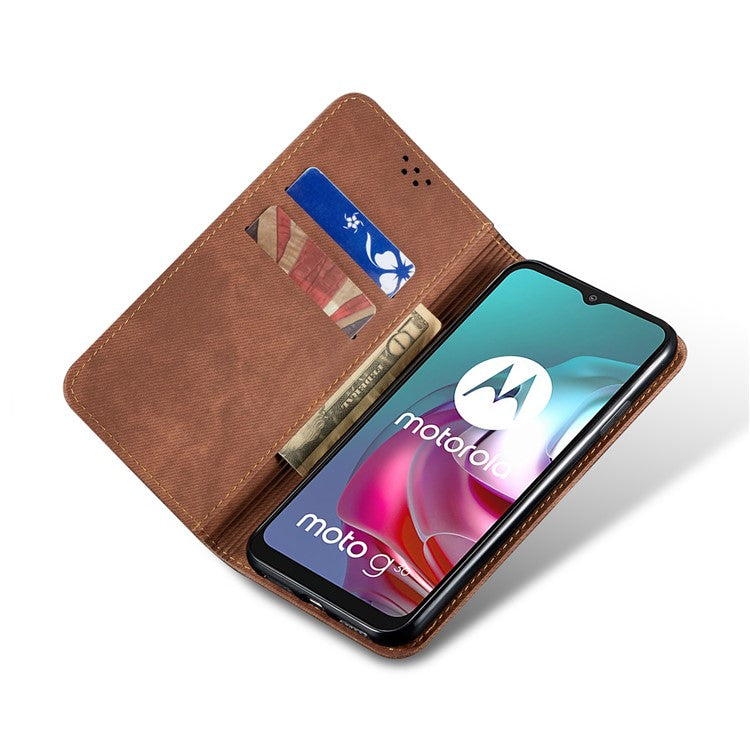 Anti-Drop Shockproof Flip Phone Cover Jeans Cloth Texture Wallet Stand Leather Case for Motorola Moto G30 - Coffee