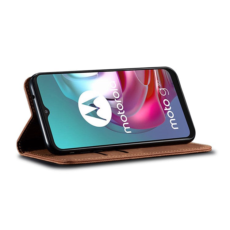 Anti-Drop Shockproof Flip Phone Cover Jeans Cloth Texture Wallet Stand Leather Case for Motorola Moto G30 - Coffee