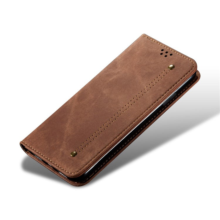 Anti-Drop Shockproof Flip Phone Cover Jeans Cloth Texture Wallet Stand Leather Case for Motorola Moto G30 - Coffee